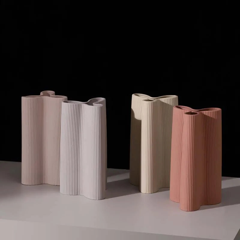 Luxury Soft Pink Ceramic Vase | Vertical Stripe Tabletop Decor