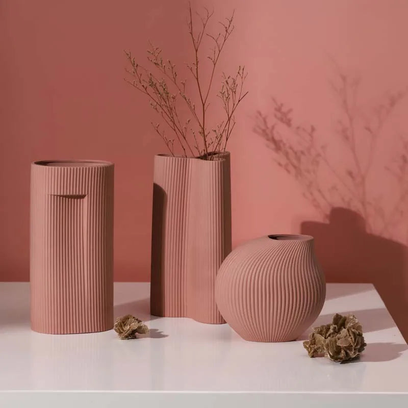 Luxury Soft Pink Ceramic Vase | Vertical Stripe Tabletop Decor