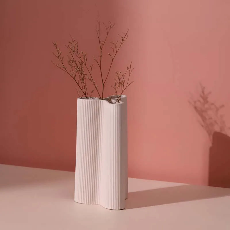 Luxury Soft Pink Ceramic Vase | Vertical Stripe Tabletop Decor