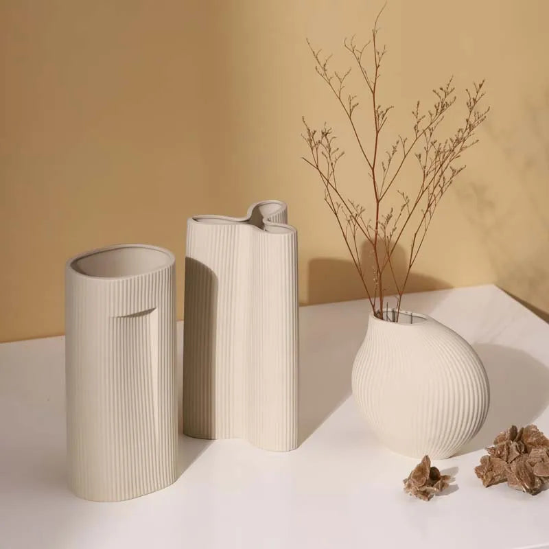Luxury Soft Pink Ceramic Vase | Vertical Stripe Tabletop Decor