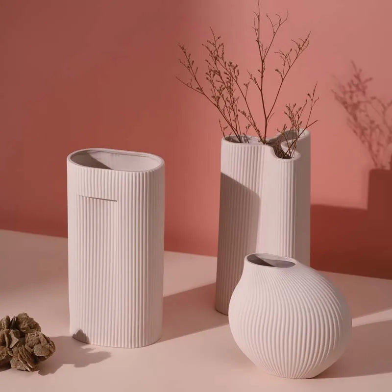 Luxury Soft Pink Ceramic Vase | Vertical Stripe Tabletop Decor