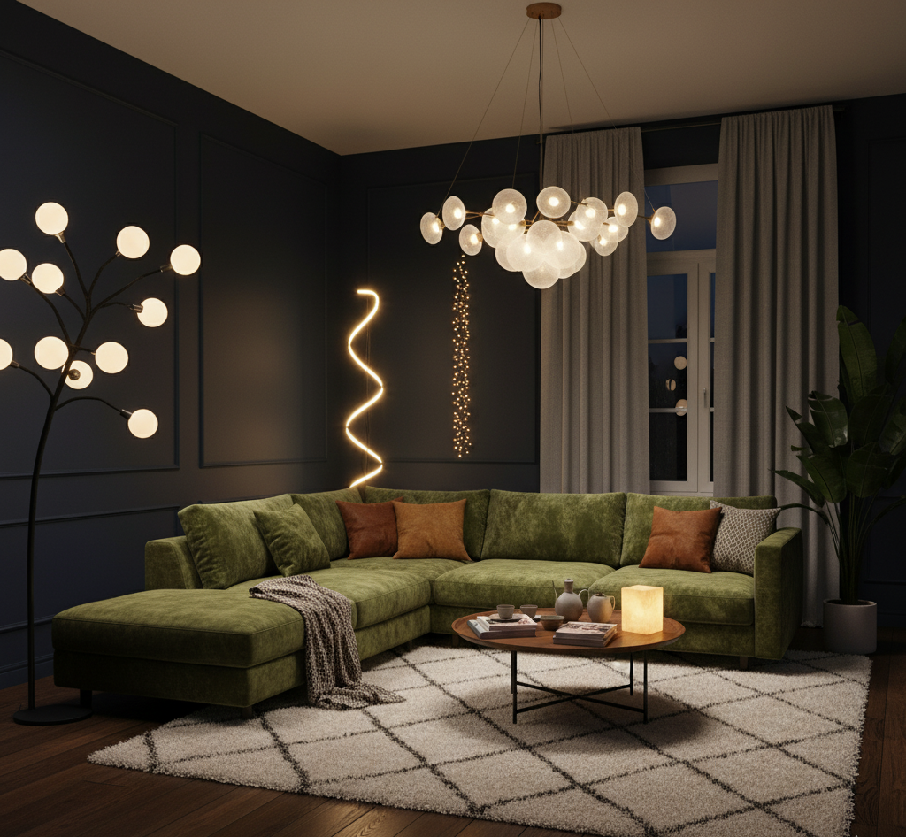 Modern living room with a green sectional sofa, decorative lights, and a coffee table.
